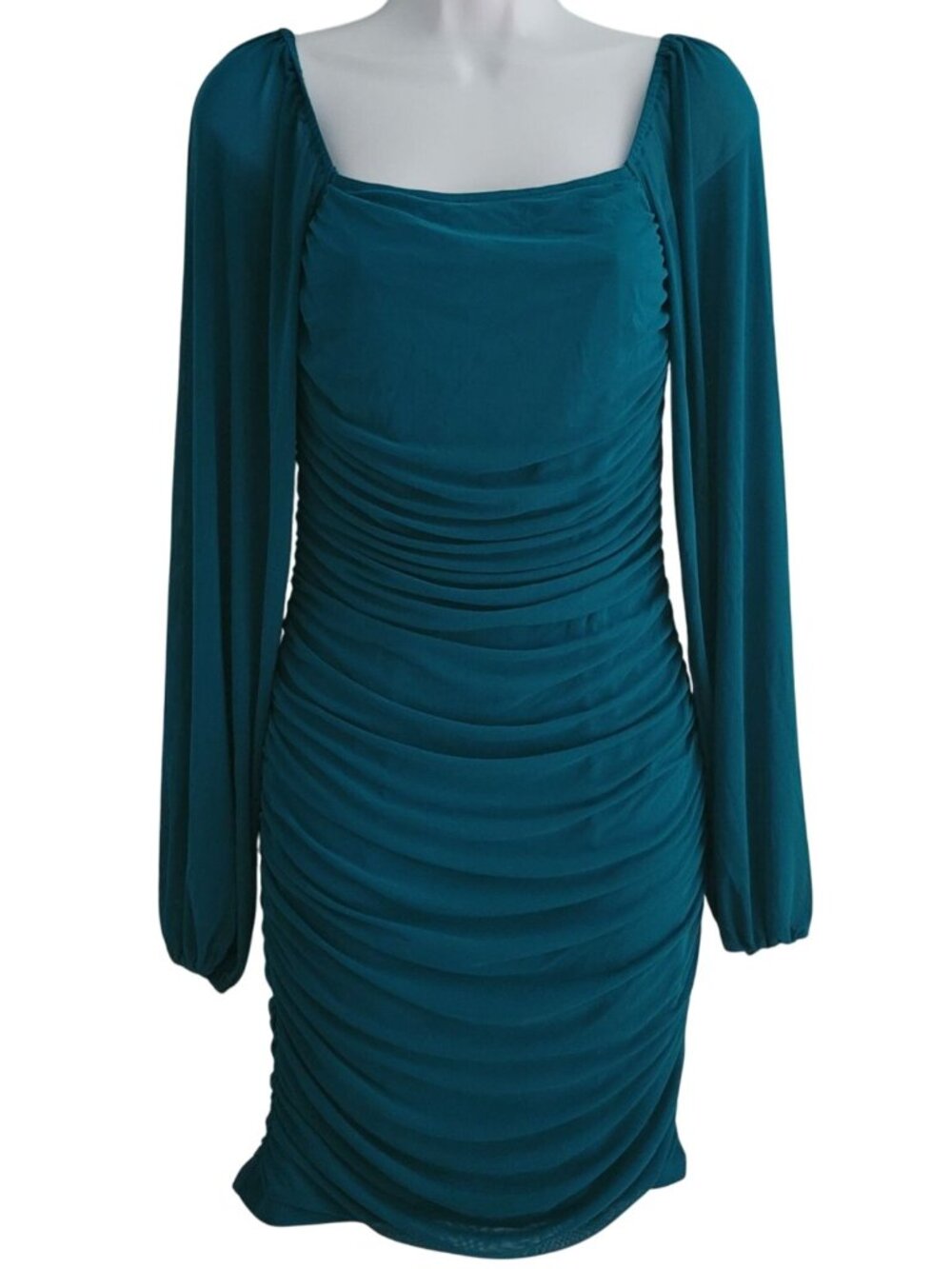 Fashion BodyCon Mini Dress Blue Turquoise Small Long Sleeve Shirred Sheath Lined